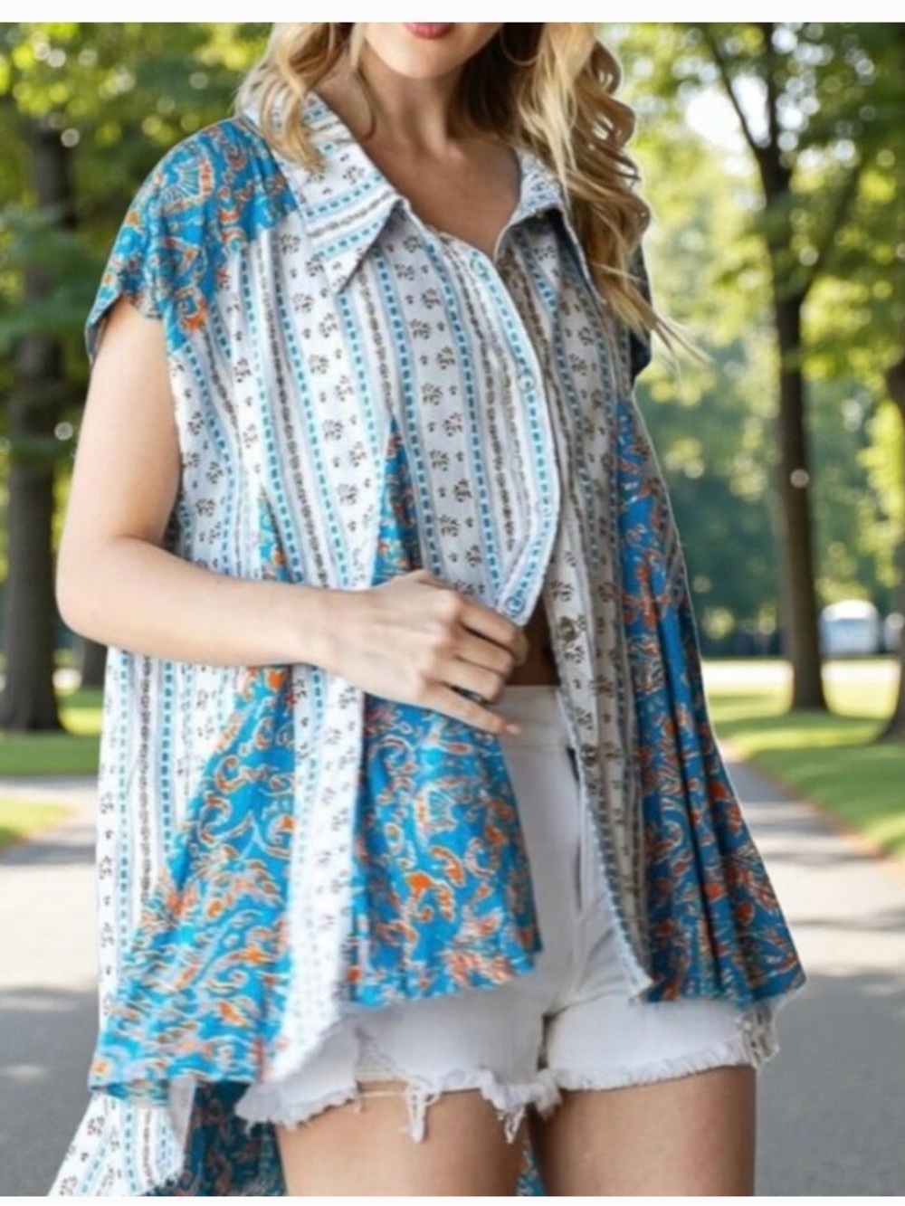 Oli & Hali Blue Camila Printed Button Front Flared Hem Top